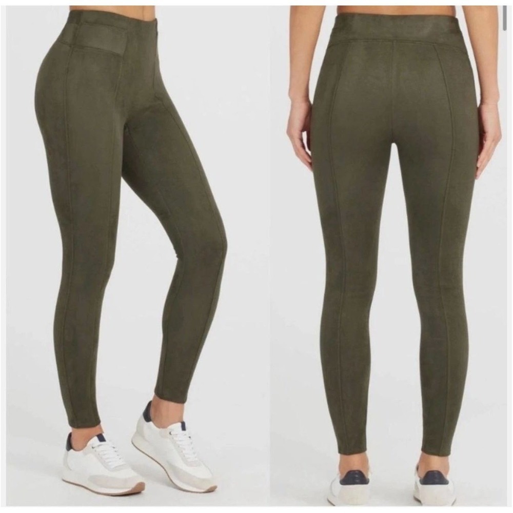 SPANX Faux Suede Leggings Dark Olive Green High‎ Waisted Slimming Pants Sz M